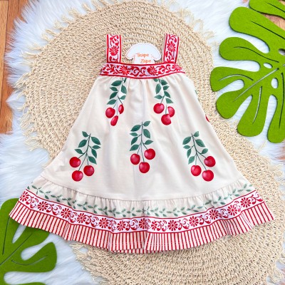 Vestido Cerejinhas com Passamanaria Floral - Areia e Vermelho
